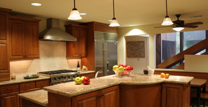 Kitchen remodeling projects - Jun home. Custom shape kitchen island.